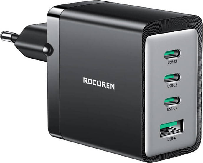 Síťová nabíječka GaN Rocoren 3x USB-C, 1x USB, 67W (černá)