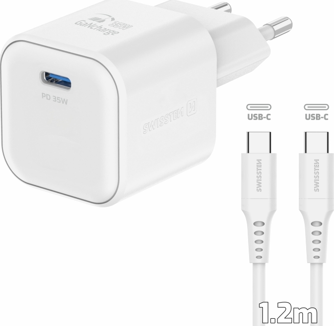 SWISSTEN SÍŤOVÝ ADAPTÉR GaN 1x USB-C 35W POWER DELIVERY BÍLÝ + DATOVÝ KABEL USB-C/USB-C 1,2 M BÍLÝ