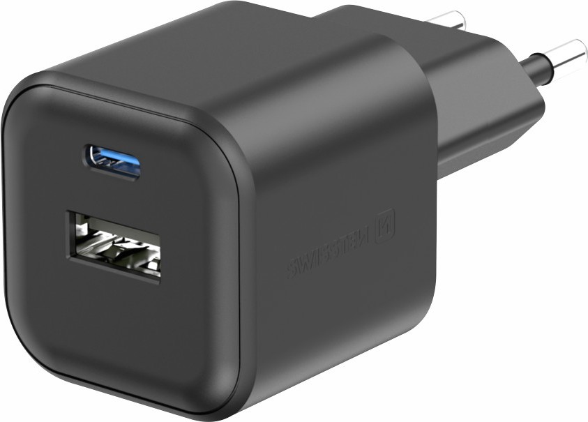 SWISSTEN SÍŤOVÝ ADAPTÉR GaN 1x USB-C 20W PD + 1x USB-A 18W QC ČERNÝ