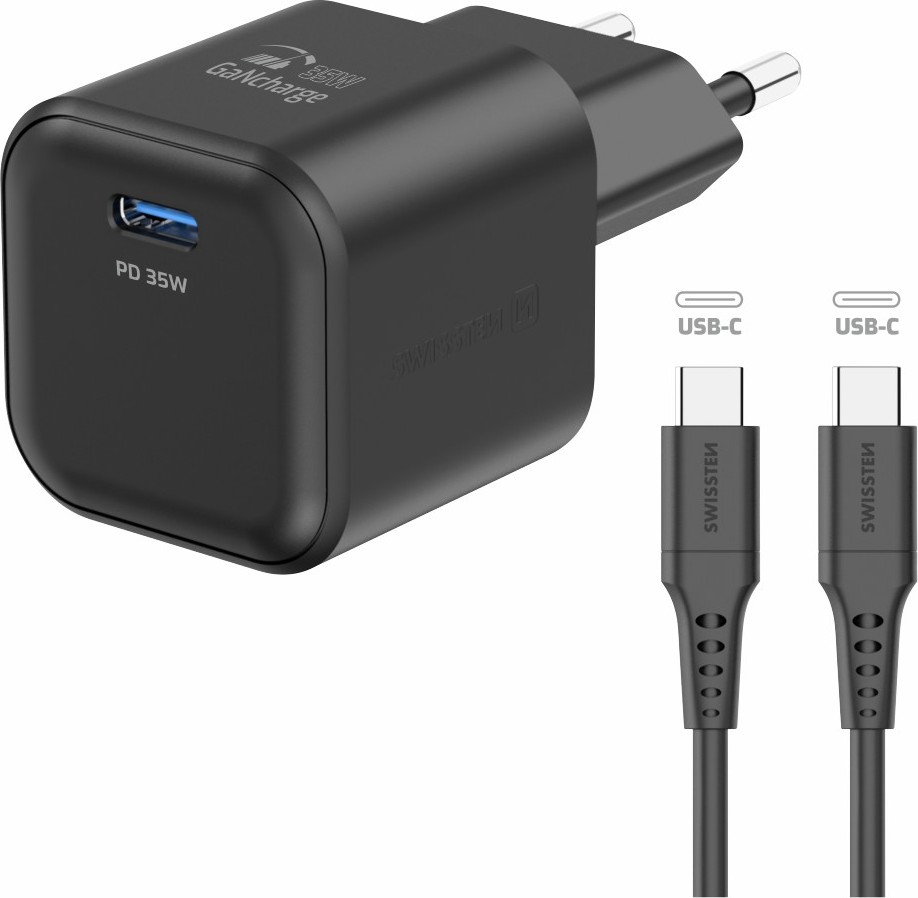 SWISSTEN SÍŤOVÝ ADAPTÉR GaN 1x USB-C 35W POWER DELIVERY ČERNÝ + DATOVÝ KABEL USB-C/USB-C 1,2 M ČERNÝ