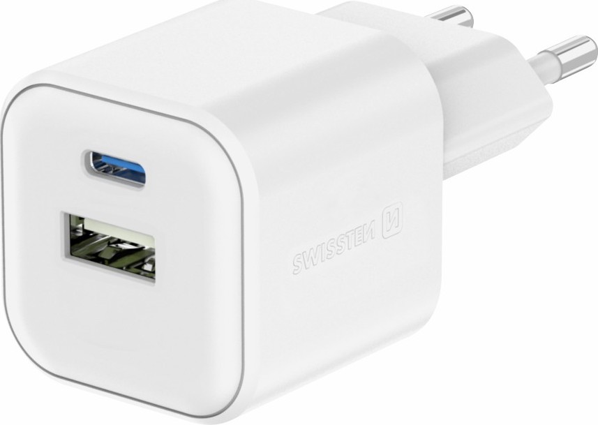 SWISSTEN SÍŤOVÝ ADAPTÉR GaN 1x USB-C 20W PD A 1x USB-A 18W QC BÍLÝ