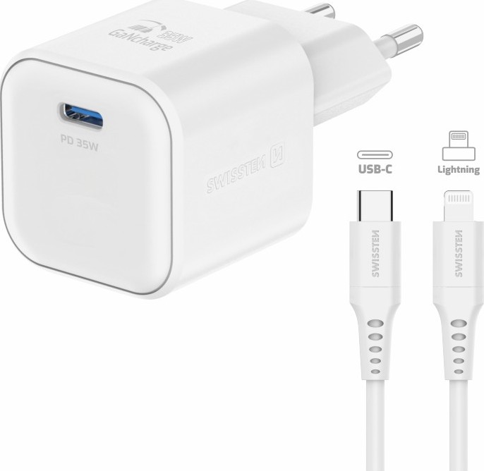 SWISSTEN SÍŤOVÝ ADAPTÉR GaN 1x USB-C 35W POWER DELIVERY BÍLÝ + DATOVÝ KABEL USB-C/LIGHTNING 1,2 M BÍLÝ