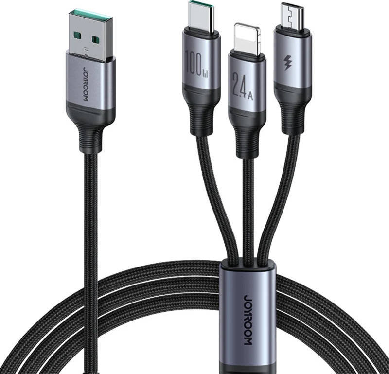 Kabel Speedy USB Joyroom SA21-1T3 3v1 - USB-C, Micro USB, Lightning / 100W / 1,2 m (černý)