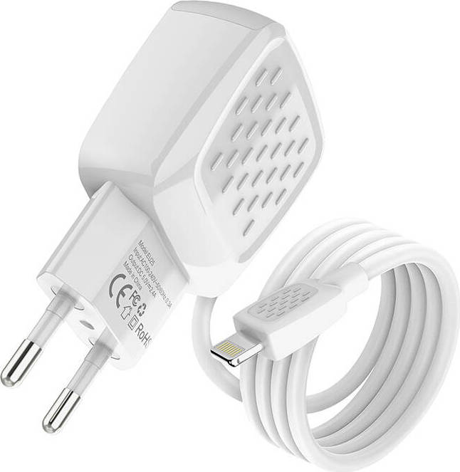 Foneng EU25 2x USB 2,4A síťová nabíječka s integrovaným Lightning kabelem (bílá)