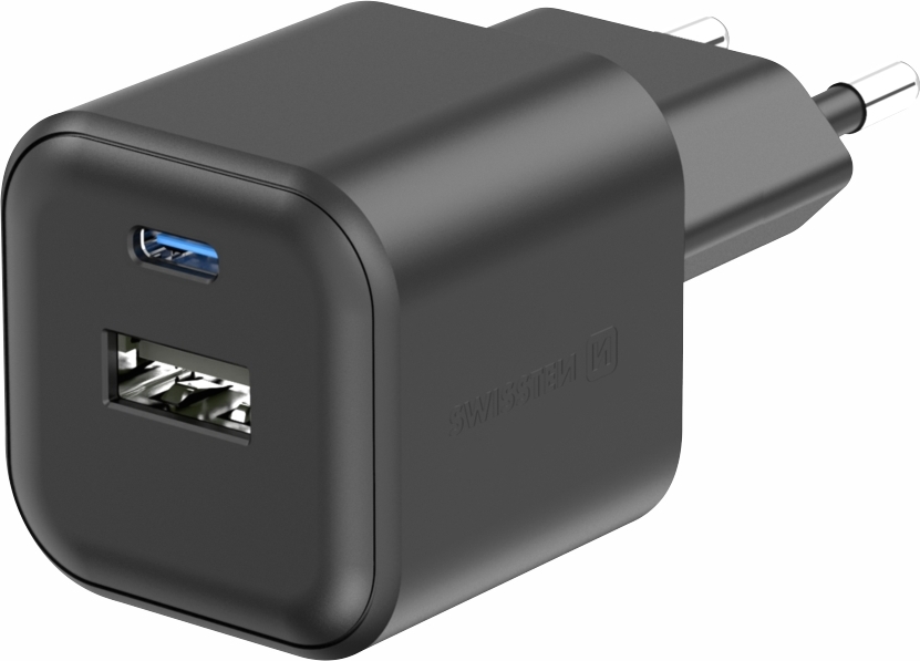 Levně SWISSTEN SÍŤOVÝ ADAPTÉR 12W 1x USB-C + 1x USB-A ČERNÝ