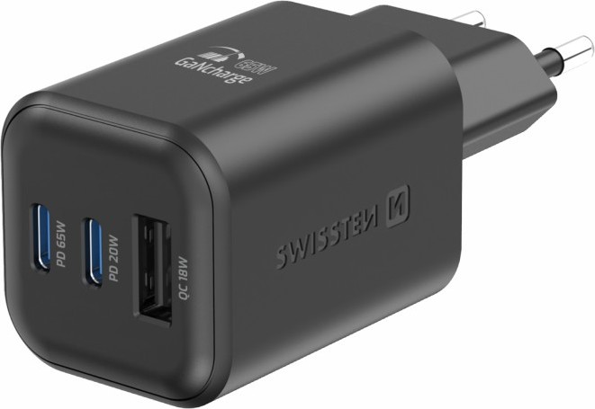 SWISSTEN SÍŤOVÝ ADAPTÉR GaN 2x USB-C 65W PD + 1x USB-A 30W QC ČERNÝ