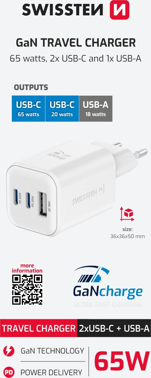 SWISSTEN SÍŤOVÝ ADAPTÉR GaN 2x USB-C 65W PD + 1x USB-A 30W QC BÍLÝ