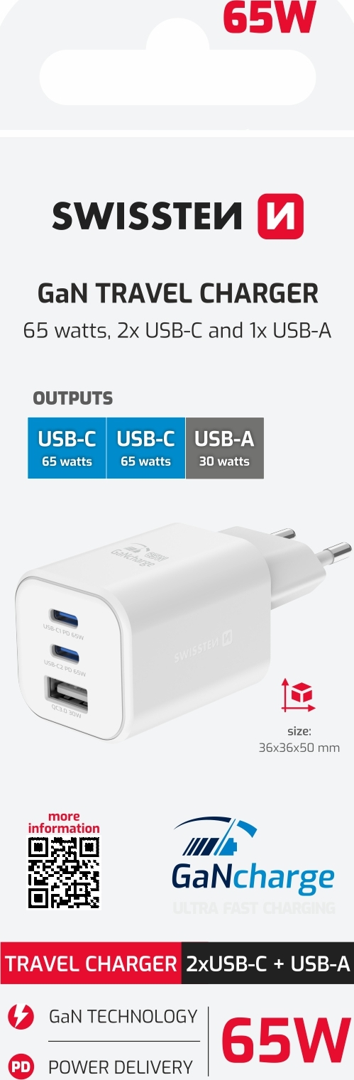 SWISSTEN SÍŤOVÝ ADAPTÉR GaN 2x USB-C 65W PD + 1x USB-A 30W QC BÍLÝ