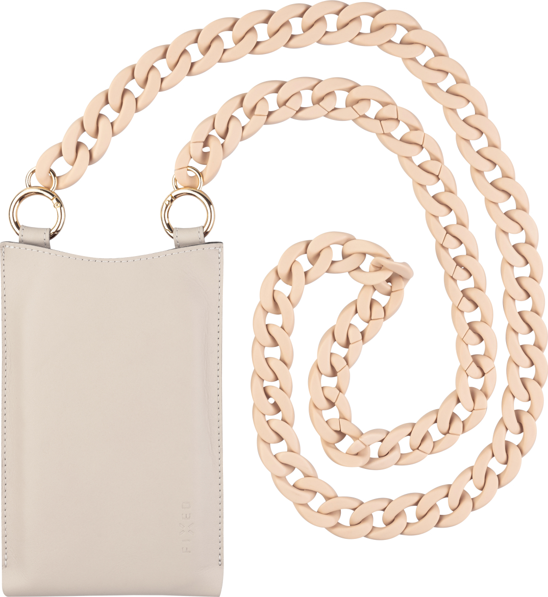 Kožená taštička přes rameno s kapsou FIXED Venezia pro 7" mobilní telefony s béžovým řetízkem, krémová