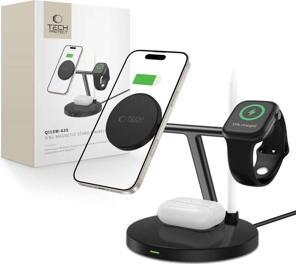 TECH-PROTECT QI15W-A35 3IN1 magnetická MagSafe bezdrátová nabíjecí stanice pro iPhone Apple Watch a AirPods, černá