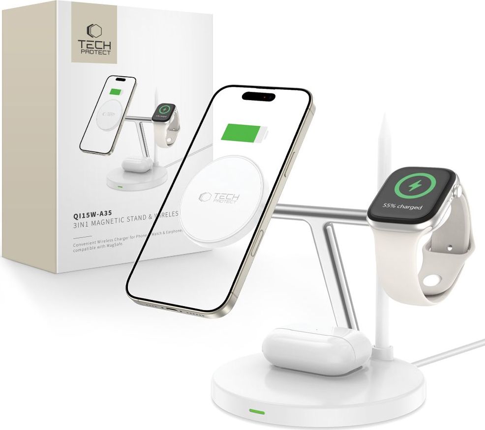 TECH-PROTECT QI15W-A35 3IN1 magnetická MagSafe bezdrátová nabíjecí stanice pro iPhone Apple Watch a AirPods, bílá