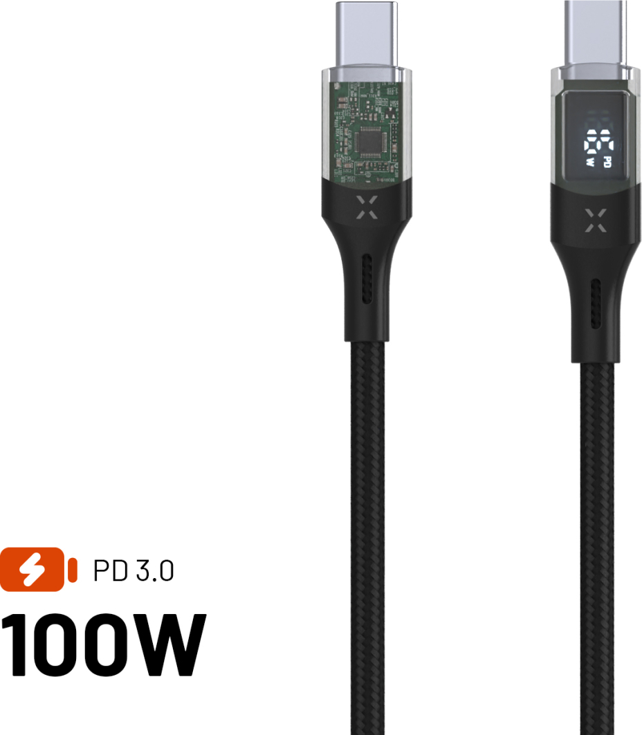 Nabíjecí a datový kabel FIXED s displejem s konektory USB-C/USB-C a podporou PD, 2m, USB 2.0, 100W, černý