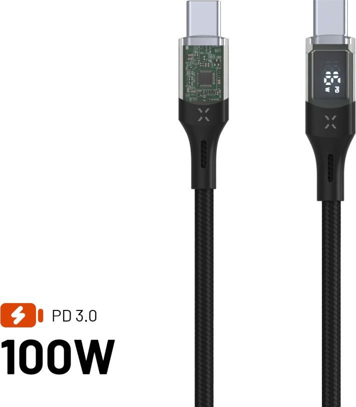 Nabíjecí a datový kabel FIXED s displejem s konektory USB-C/USB-C a podporou PD, 1.2m, USB 2.0, 100W, černý