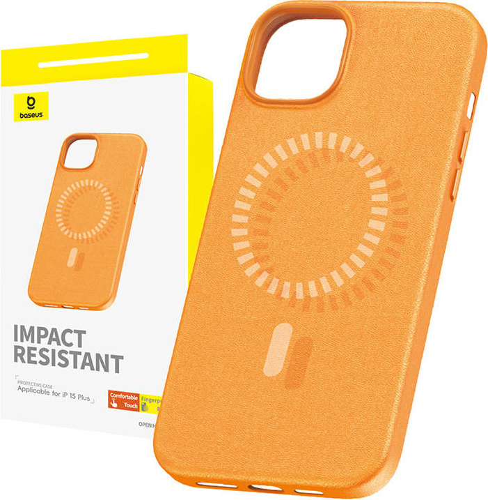 Magnetické pouzdro pro iPhone 15 Plus Baseus Fauxther Series (oranžové)