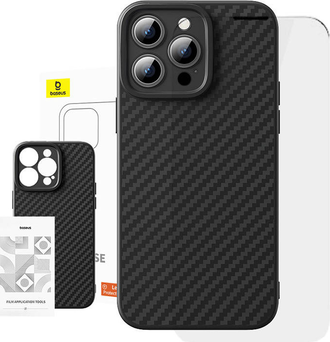 Pouzdro Baseus Carbon ze syntetických vláken pro iPhone 15 Pro + tvrzené sklo na displej