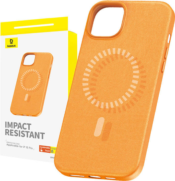 Magnetické pouzdro pro iPhone 15 Pro Baseus Fauxther Series (oranžové)