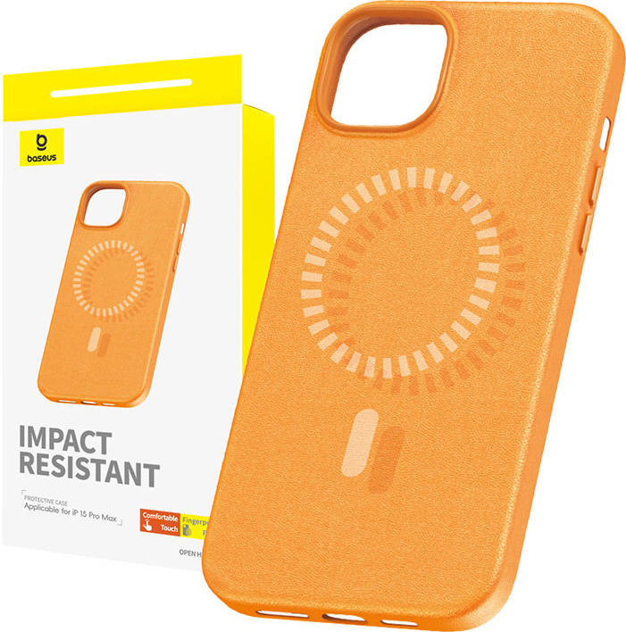 Magnetické pouzdro pro iPhone 15 Pro Max Baseus Fauxther Series (oranžové)