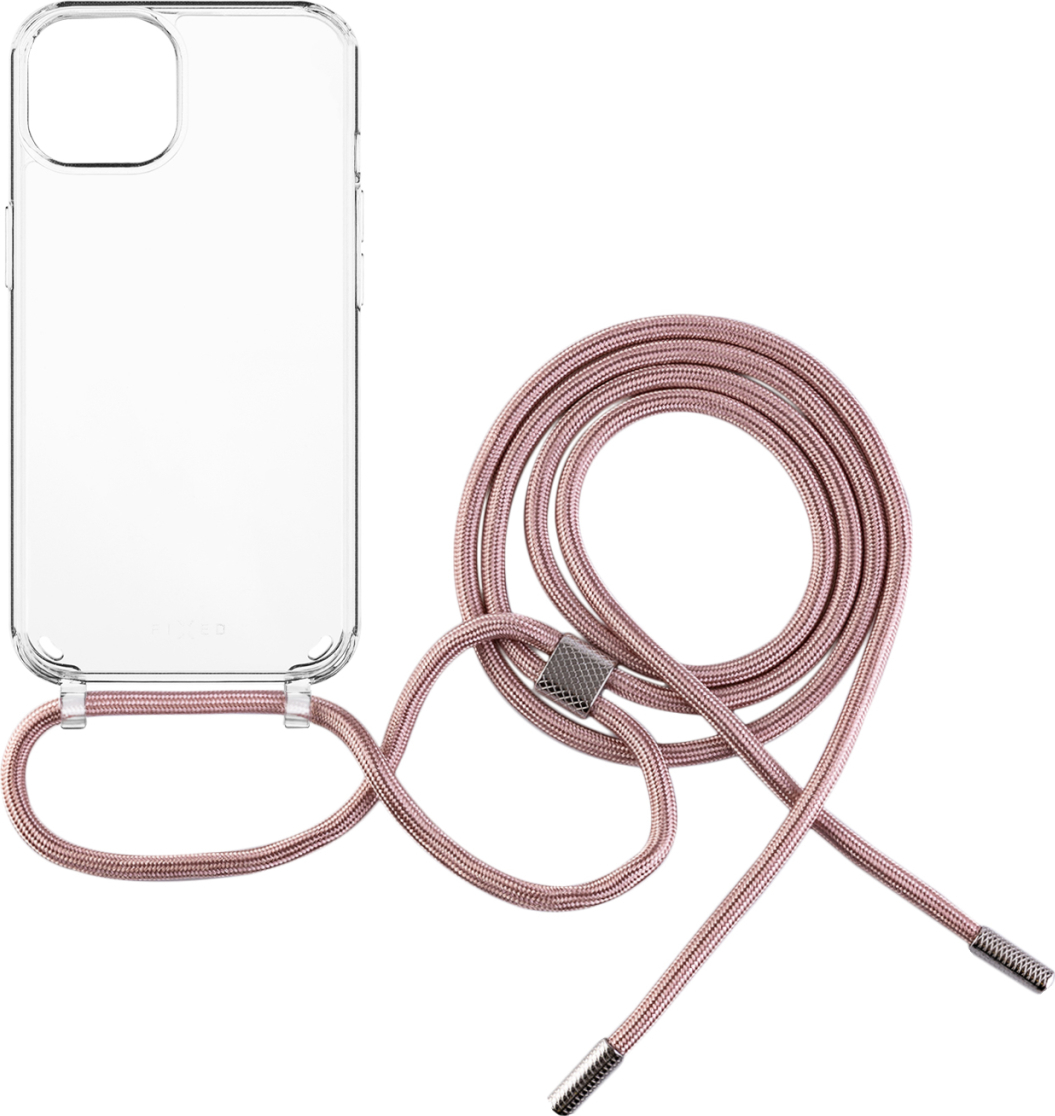 Pouzdro FIXED Pure Neck s růžovou šňůrkou na krk pro Apple iPhone 15 Plus