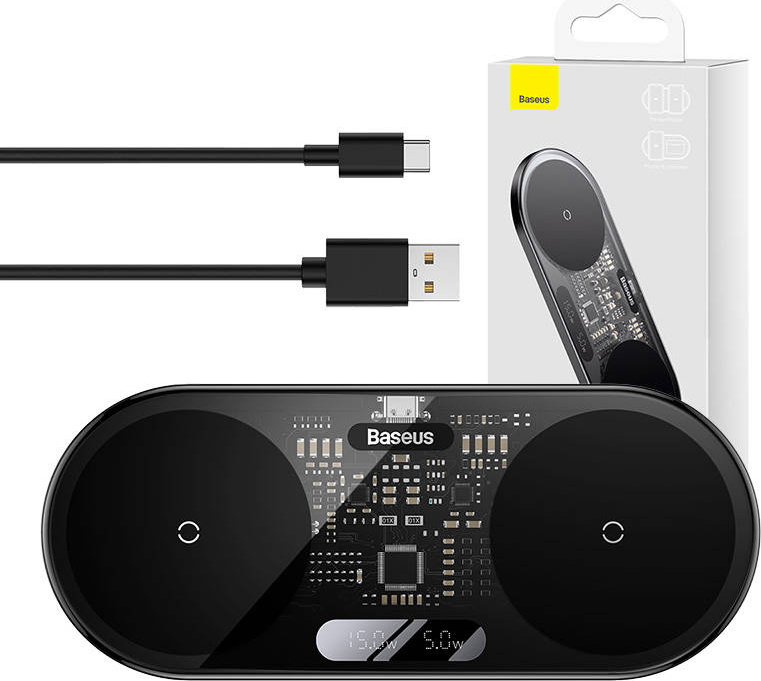 Duální bezdrátová nabíječka Qi Baseus Digitální LED displej, 20 W
