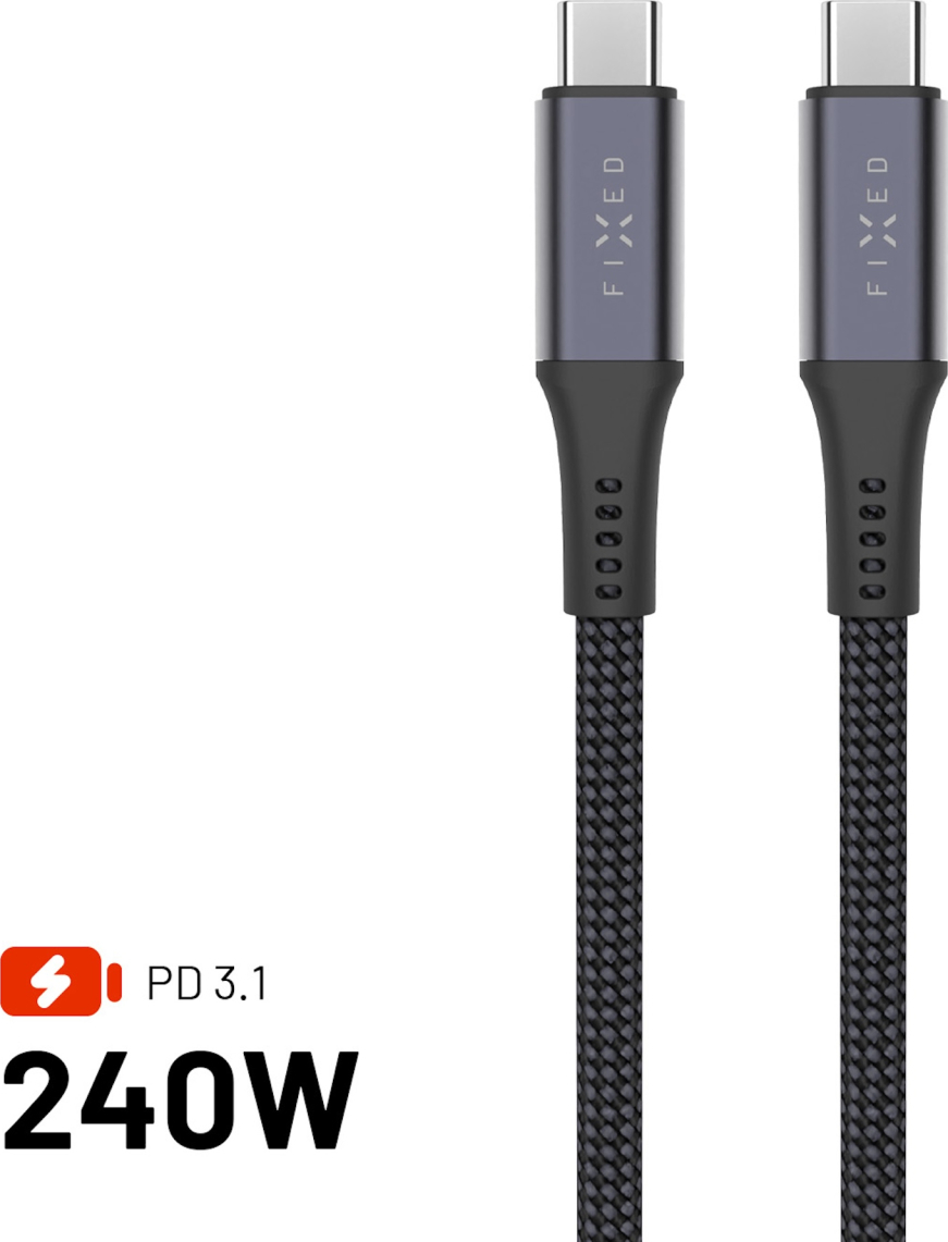 Dlouhý nabíjecí a datový opletený kabel FIXED s konektory USB-C/USB-C, PD 3.1, 2 m, USB4gen2 20Gbps, 4K60Hz, 240W, šedý