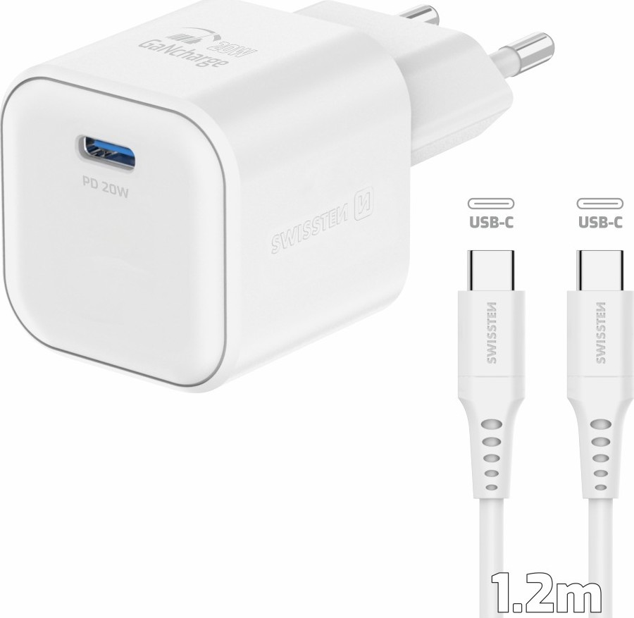 SWISSTEN SÍŤOVÝ ADAPTÉR GaN 1x USB-C 20W POWER DELIVERY BÍLÝ + DATOVÝ KABEL USB-C/USB-C 1,2 M BÍLÝ