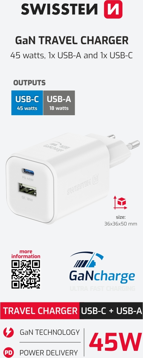 SWISSTEN SÍŤOVÝ ADAPTÉR GaN 1x USB-C 45W PD + 1x USB-A 18W QC BÍLÝ