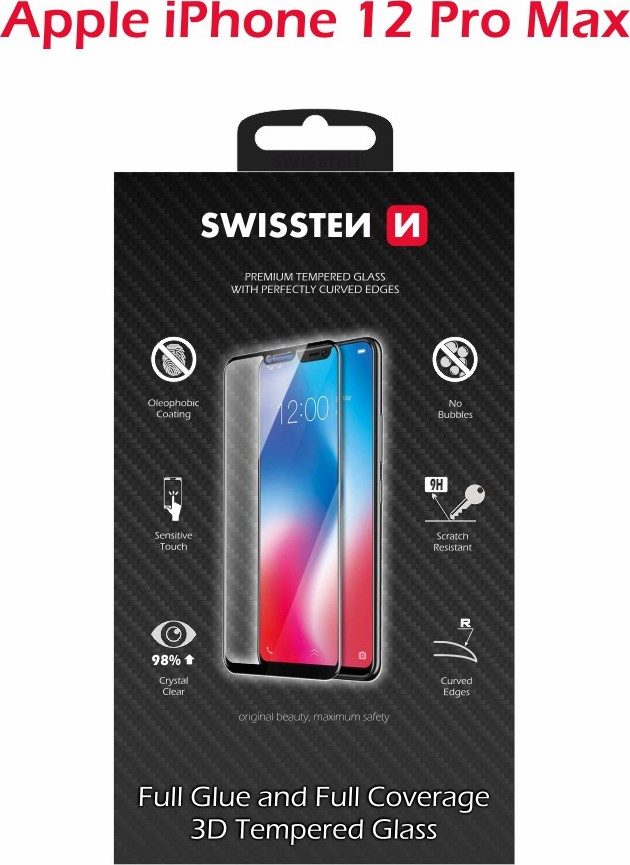 SKLO SWISSTEN ULTRA DURABLE 3D FULL GLUE GLASS PRO APPLE IPHONE 12 PRO MAX ČERNÉ