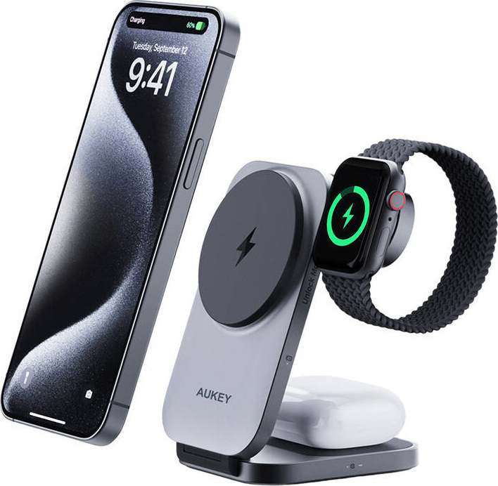 Magnetická bezdrátová nabíječka 3v1 MagFusion Aukey LC-MC312, 15W Qi2 (šedá)