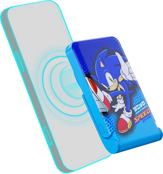 Indukční powerbanka s MagSafe OTL 5000 mAh, USB-C 15W, Sonic The Hedgehog se stojánkem (modrá)