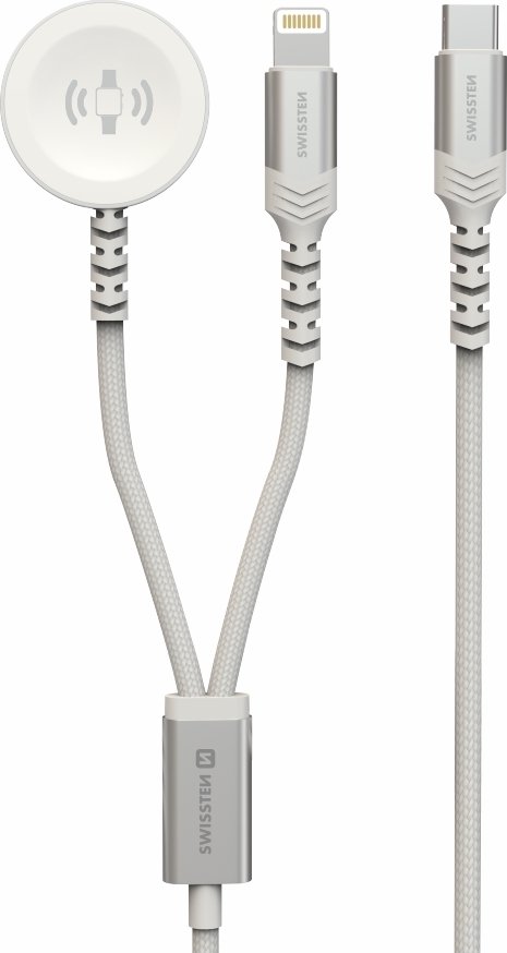 SWISSTEN OPLETENÝ MAGNETICKÝ KABEL 2v1 PRO APPLE WATCH A LIGHTNING, USB-C 1.2 M BÍLÝ