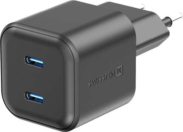 SWISSTEN SÍŤOVÝ ADAPTÉR GaN 2x USB-C 20W POWER DELIVERY ČERNÝ