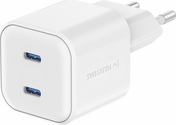 SWISSTEN SÍŤOVÝ ADAPTÉR GaN 2x USB-C 20W POWER DELIVERY BÍLÝ