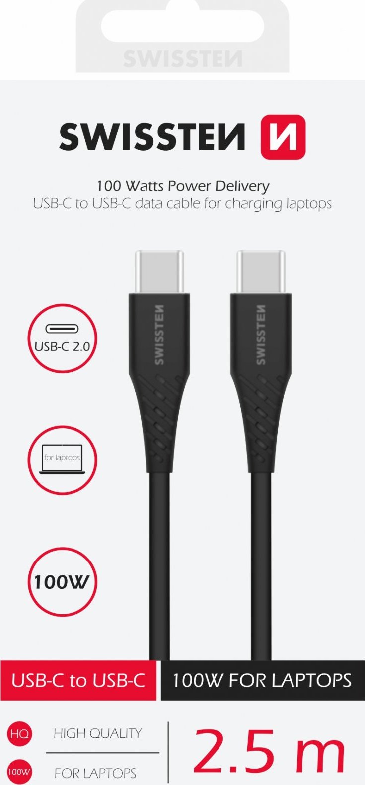 DATOVÝ KABEL SWISSTEN TPE USB-C/USB-C POWER DELIVERY 5A (100W) 2,5 M ČERNÝ