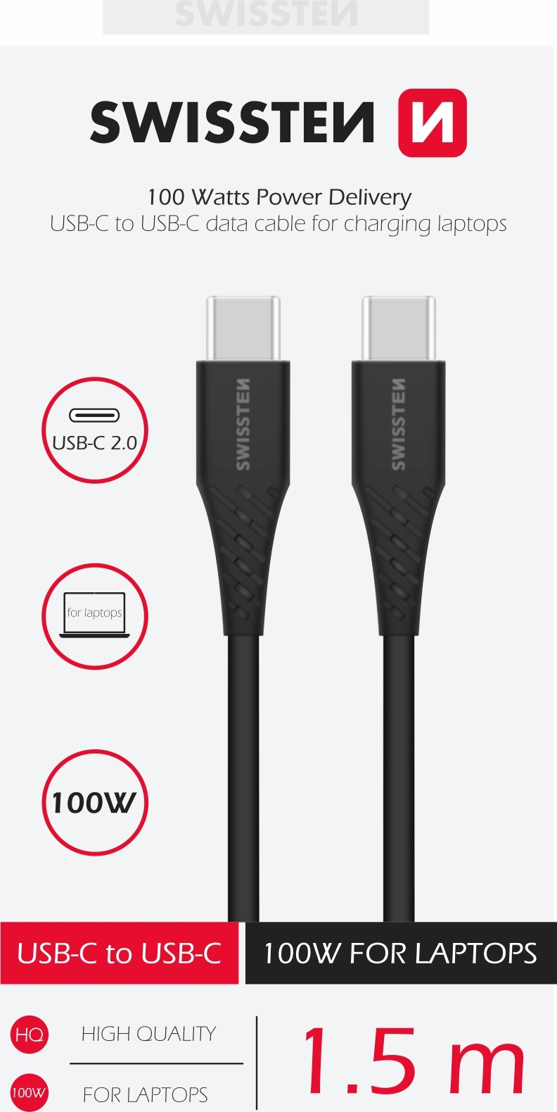 DATOVÝ KABEL SWISSTEN TPE USB-C/USB-C POWER DELIVERY 5A (100W) 1,5 M ČERNÝ