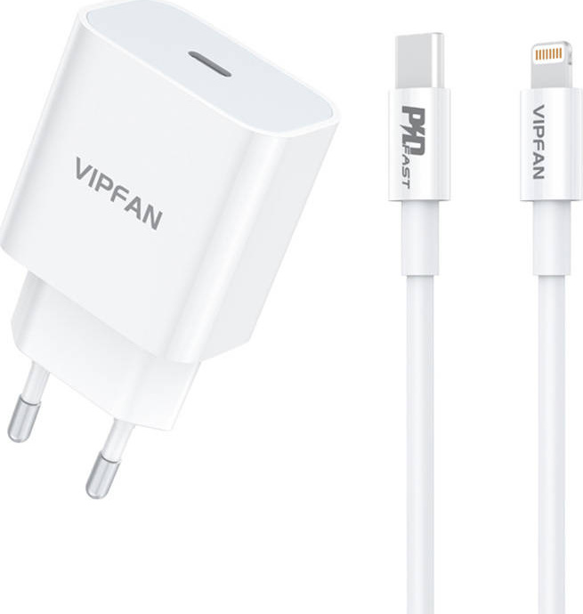 Nástěnná nabíječka VFAN E04, USB-C, 20W, QC 3.0 + kabel Lightning (bílá)