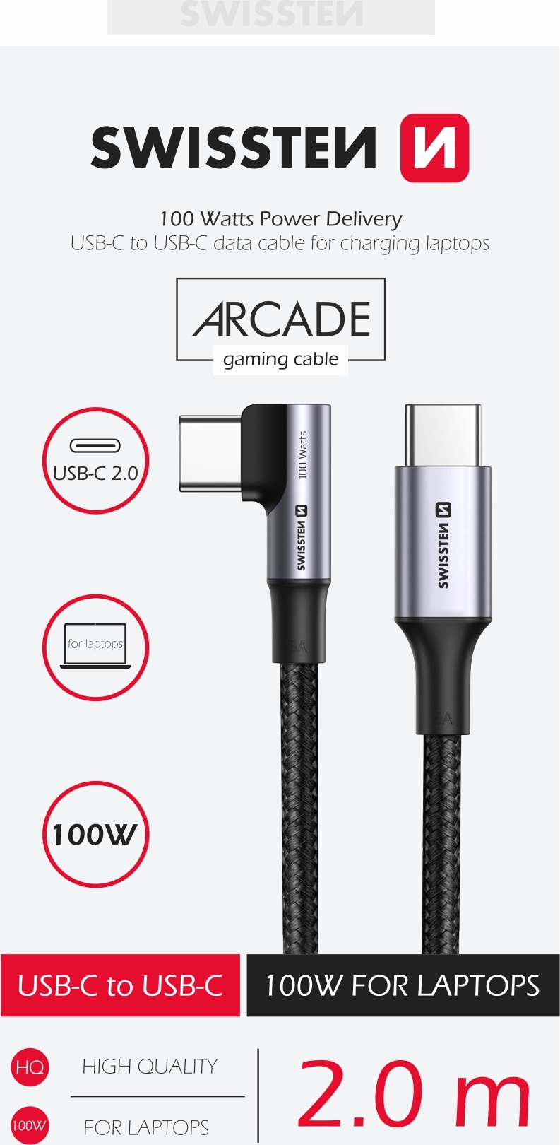 TEXTILNÍ DATOVÝ KABEL SWISSTEN ARCADE USB-C / USB-C 2 M, 5A (100W) PRO NOTEBOOKY ČERNÝ