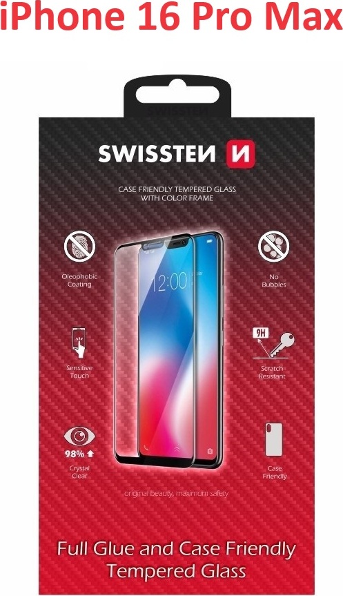 SKLO SWISSTEN FULL GLUE, COLOR FRAME, CASE FRIENDLY PRO APPLE IPHONE 16 PRO MAX ČERNÉ