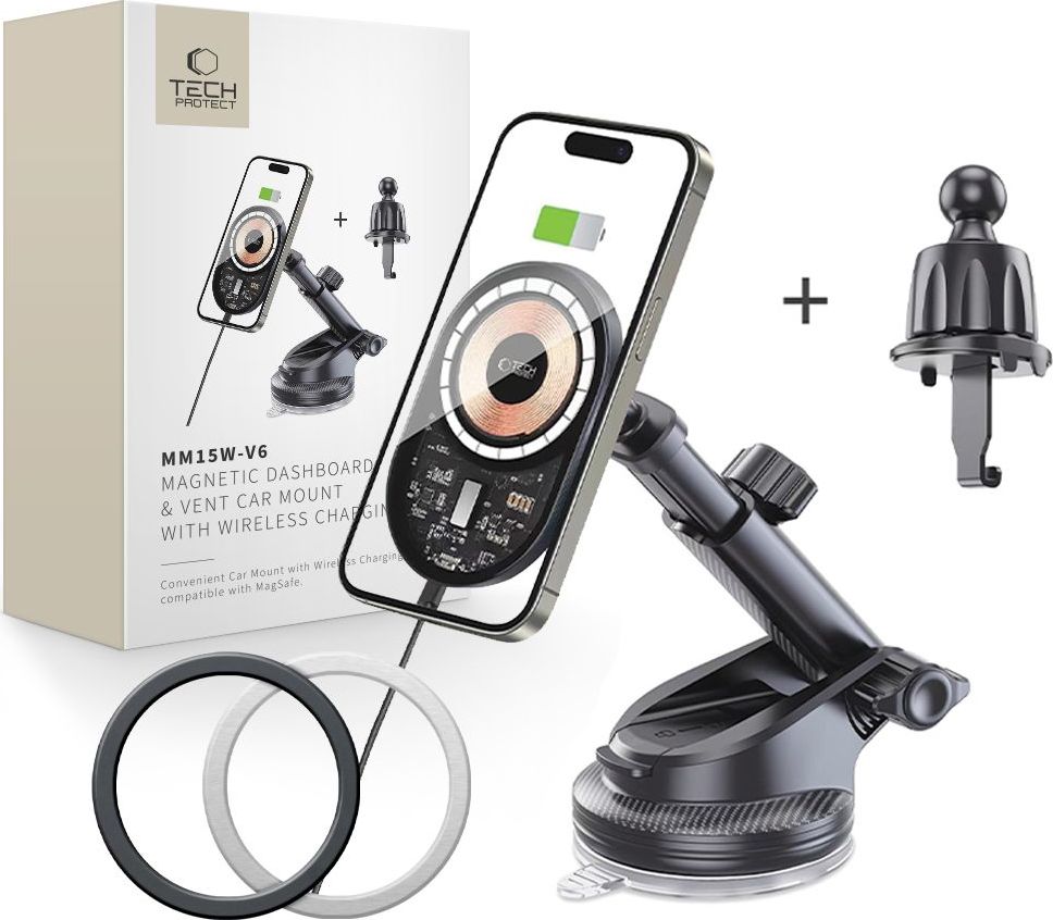 TECH-PROTECT MM15W-V6 MAGNETIC MAGSAFE DASHBOARD & VENT CAR MOUNT WIRELESS CHARGER 15W BLACK/INTERIOR