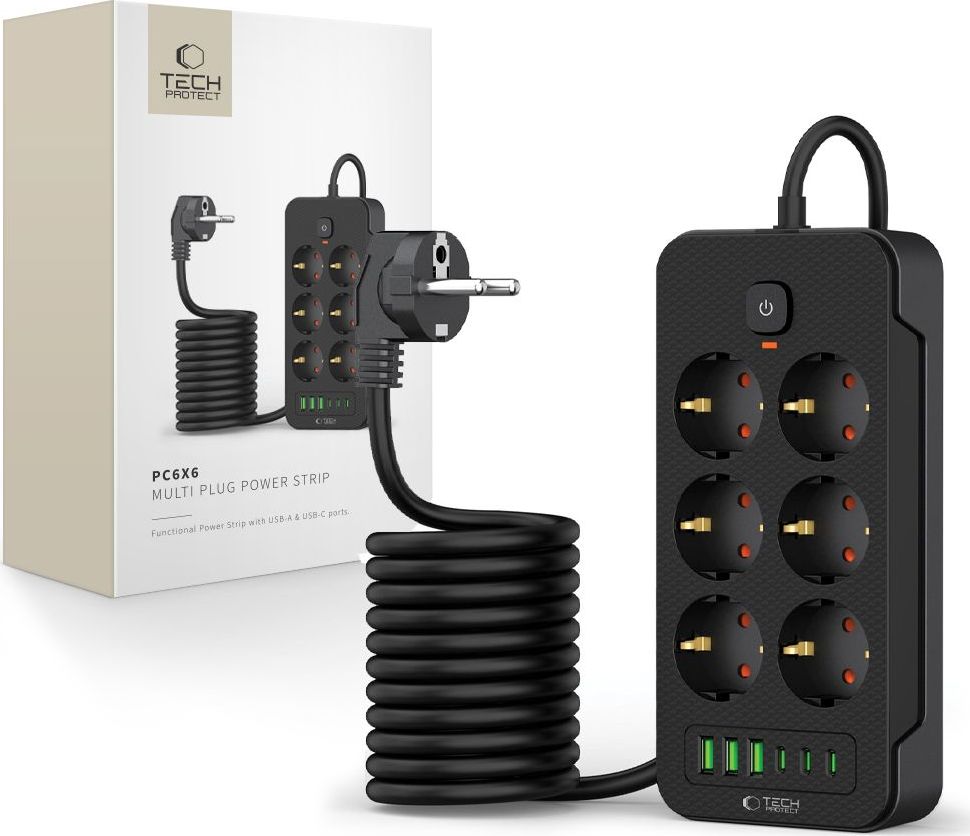 TECH-PROTECT PC6X6 POWER STRIP 3 USB & 3 TYPE-C & 6 SOCKET 200CM BLACK