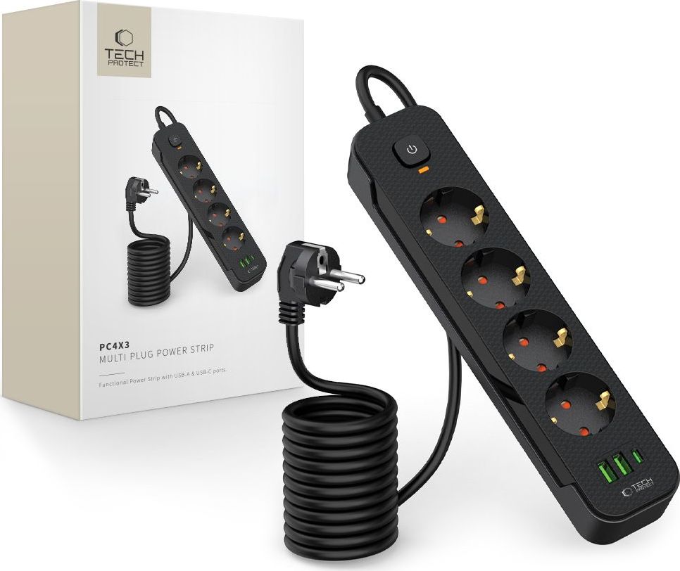 TECH-PROTECT PCL4X3 POWER STRIP LONG 2 USB & 1 TYPE-C & 4 SOCKET 200CM BLACK