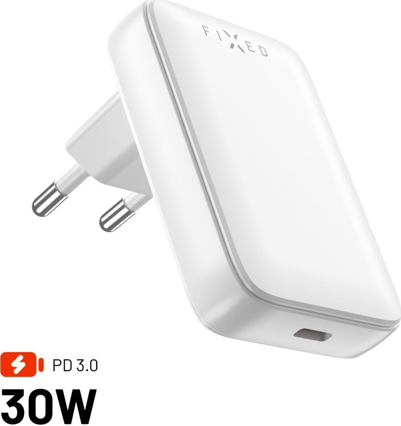 Síťová GaN nabíječka FIXED Slim s USB-C výstupem a podporou PD, 30W, bílá