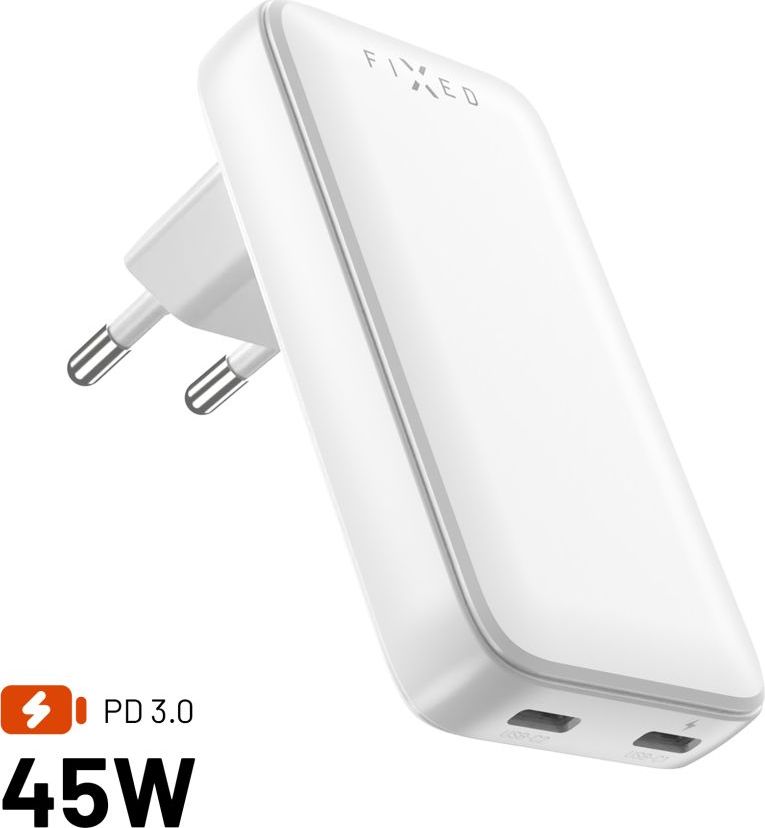 Síťová GaN nabíječka FIXED Slim s 2x USB-C výstupem a podporou PD, 45W, bílá