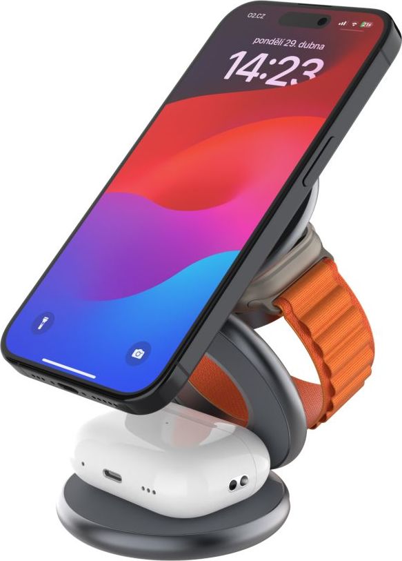 Bezdrátová skládací nabíječka 3v1 FIXED MagPowerstation Round s podporou MagSafe, 15W+5W+5W, šedá