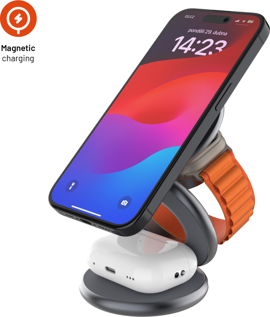 Bezdrátová skládací nabíječka 3v1 FIXED MagPowerstation Round s podporou MagSafe, 15W+5W+5W, šedá
