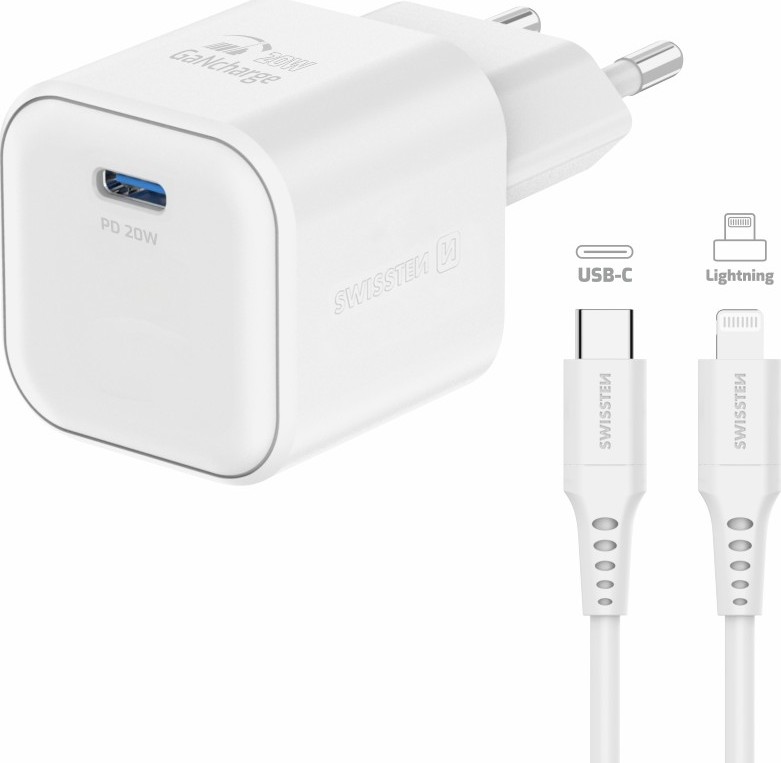 SWISSTEN SÍŤOVÝ ADAPTÉR GaN 1x USB-C 20W POWER DELIVERY BÍLÝ + DATOVÝ KABEL USB-C/LIGHTNING 1,2 M BÍLÝ