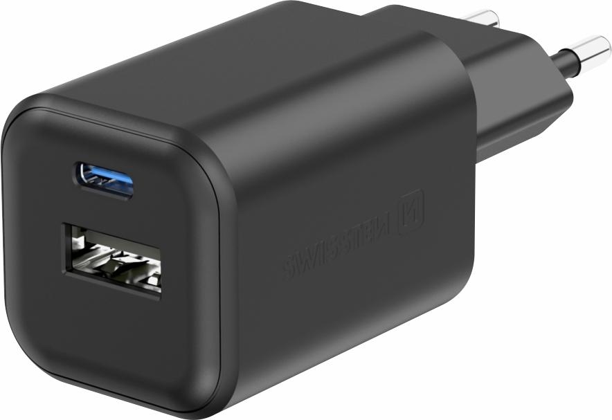 SWISSTEN SÍŤOVÝ ADAPTÉR GaN 1x USB-C 45W PD + 1x USB-A 18W QC ČERNÝ