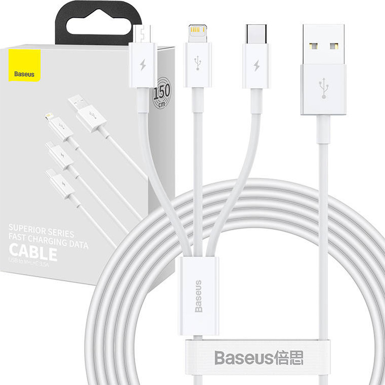 Baseus Superior 3in1 USB Cable - Lightning / USB Type C / Micro USB 3.5 A 1.5 m White (CAMLTYS-02)