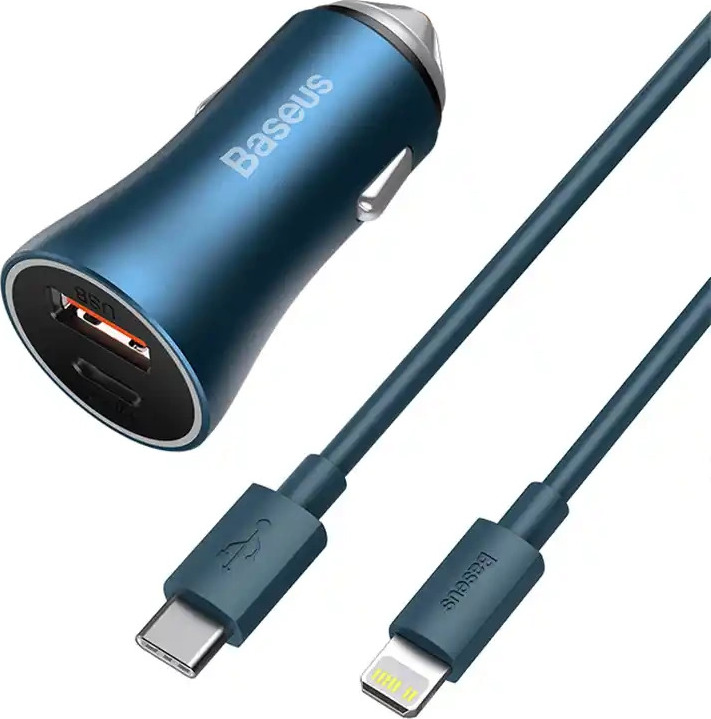 Baseus Golden Contactor Pro fast car charger USB Type C / USB 40 W Power Delivery 3.0 Quick Charge 4+ SCP FCP AFC + USB Type C cable - Lightning blue…