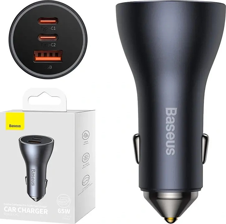 Baseus car charger Golden Contactor Pro Triple Fast 1x USB 2x USB-C 65W dark gray