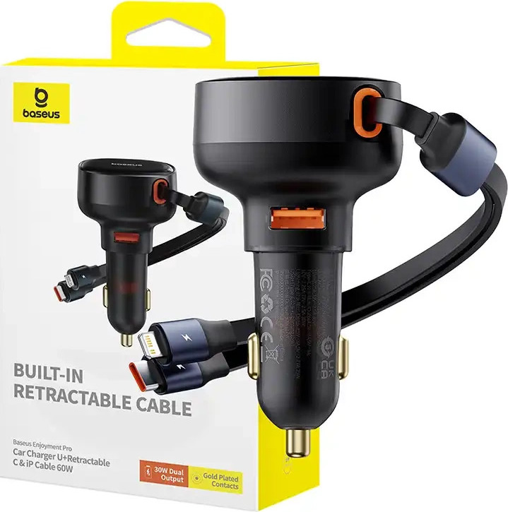 Nabíječka do auta Baseus Enjoyment USB s kabelem USB-C a Lightning 60 W (černá)